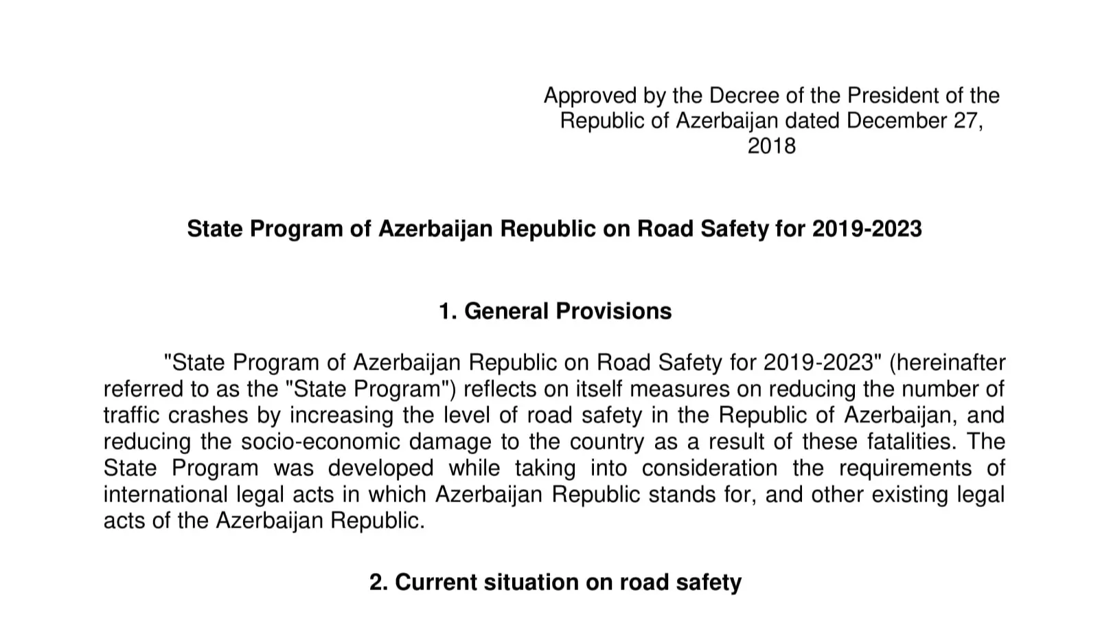 State Program of Azerbaijan Republic on Road Safety for 2019-2023